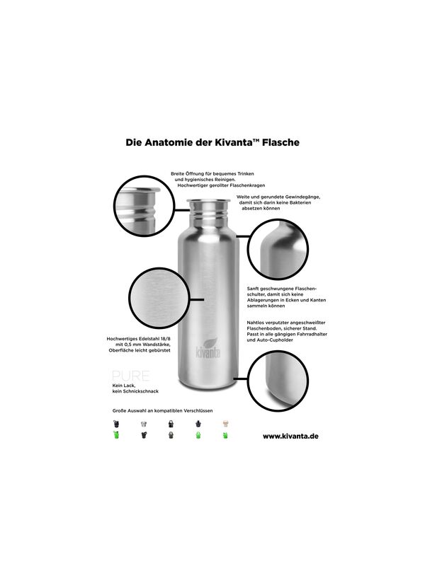 Kivanta 1200 ml Edelstahl Trinkflasche (ohne Deckel) - Mix & Match