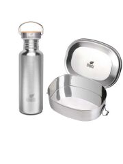 Kivanta Schulstarter-Set: 750 ml Trinkflasche mit Bambusdeckel + Brotdose XL