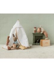 Maileg Hase (Gr&ouml;&szlig;e Micro / 14 cm) - Kaninchen im Strickanzug (blau) mit Ball