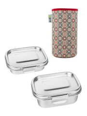 LunchBuddy Edelstahl-Lunchbox "Airtight" Set | Nr. 01 & 02 mit Isolierhülle "Retro Squares"