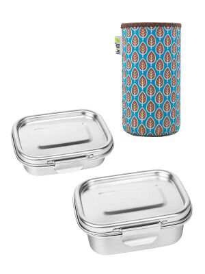 LunchBuddy Edelstahl-Lunchbox "Airtight" Set | Nr. 01 & 02 mit Isolierhülle "Retro Leaf"