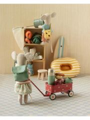 Maileg Bollerwagen f&uuml;r Teddy Baby, M&auml;use- &amp; Hasenkinder (rot mit Tupfen)