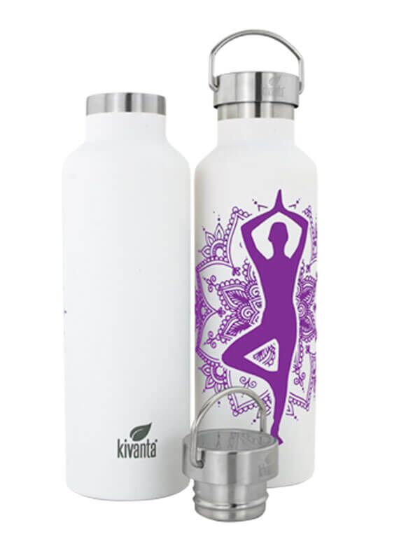 Kivanta 700 ml isolierte Edelstahl Trinkflasche - Weiß/ Lila Yoga Edition