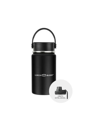 LunchBuddy 350 ml Wide S Isolierflasche "to go" mit Uni-Deckel + Gratis Step Deckel - Schwarz
