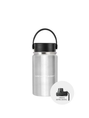 LunchBuddy 350 ml Wide S Isolierflasche "to go" mit Uni-Deckel + Gratis Step Deckel - Edelstahl