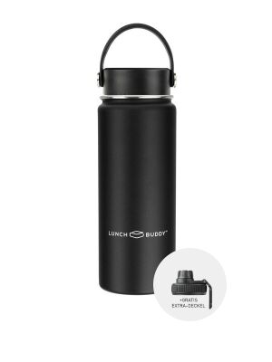 LunchBuddy 530 ml Wide S Isolierflasche "to go" mit Uni-Deckel + Gratis Step-Deckel - Schwarz